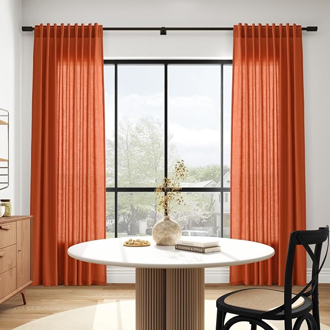 Extra Long Curtain Bright Orange Morden Linen Blend Light Filtering Back Tab - Image 6