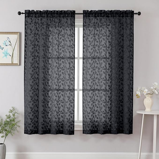 Chyhomenyc Black Sheer Curtains 63 Inch Length 2 Panels Set, Light Filtering by Chyhomenyc