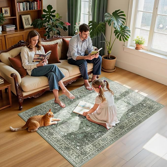 Area Rugs 4'x6' Washable Non-Slip, Floral Vintage Distress Print Pattern - Image 3
