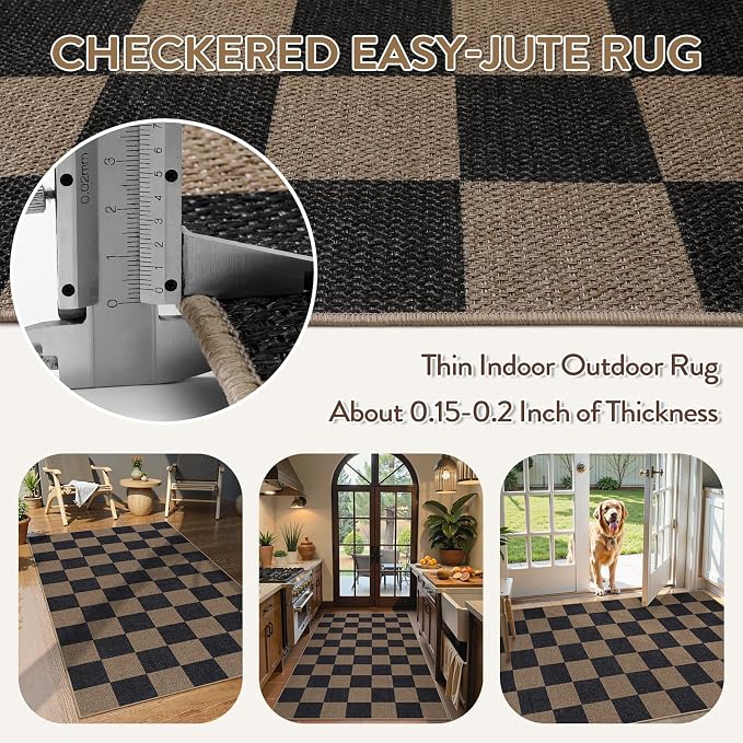 Lahome Colette Checkered Easy Jute 3x5 Rug, Washable Rugs - Image 4
