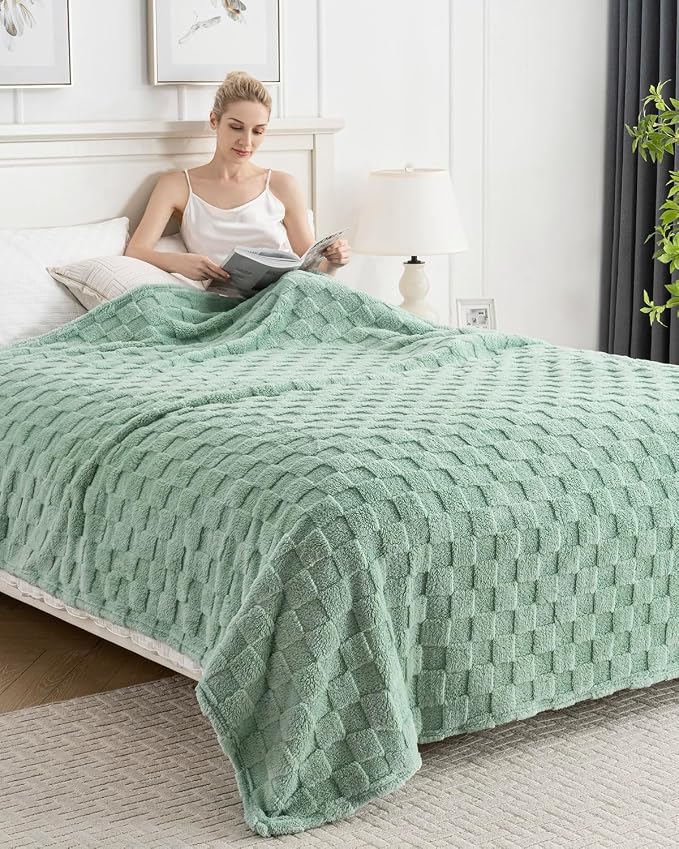Sage Green 300GSM Fluffy XL Throw Blanket Soft Fleece Bed and Couch Blankets - Image 7
