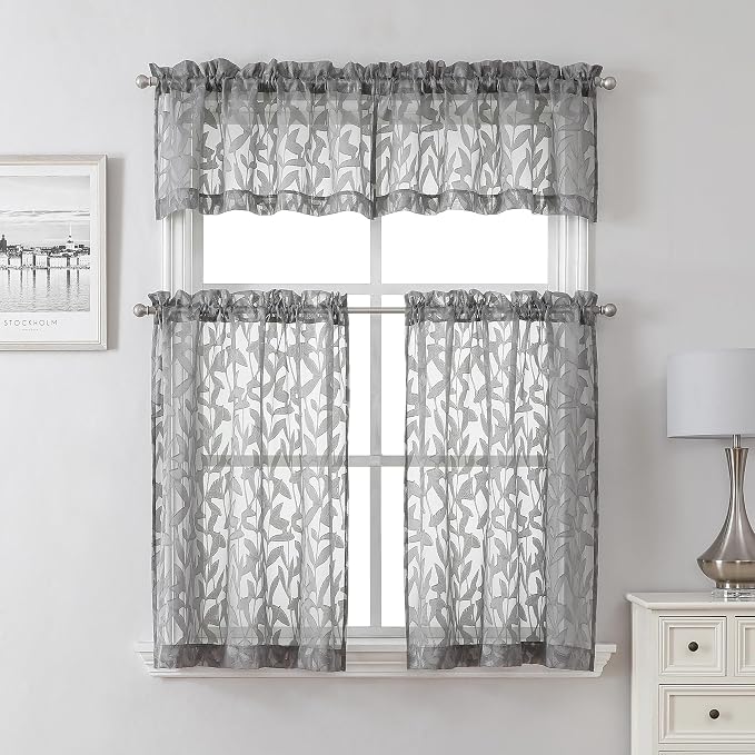 Lecloud Leia 36 Inch Charcoal Grey Sheer Curtains Tiers 2 Panels, Clip Textured - Image 9