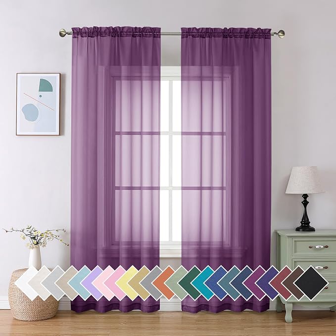 Aiyufeng Plum Purple Sheer Curtains 90 Inches Long 2 Panels, Solid Voile Top by Aiyufeng