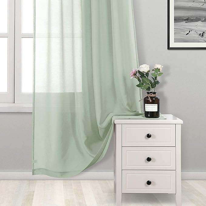 DWCN Bean Green Sheer Curtains Semi Transparent Voile Rod Pocket Curtains - Image 2
