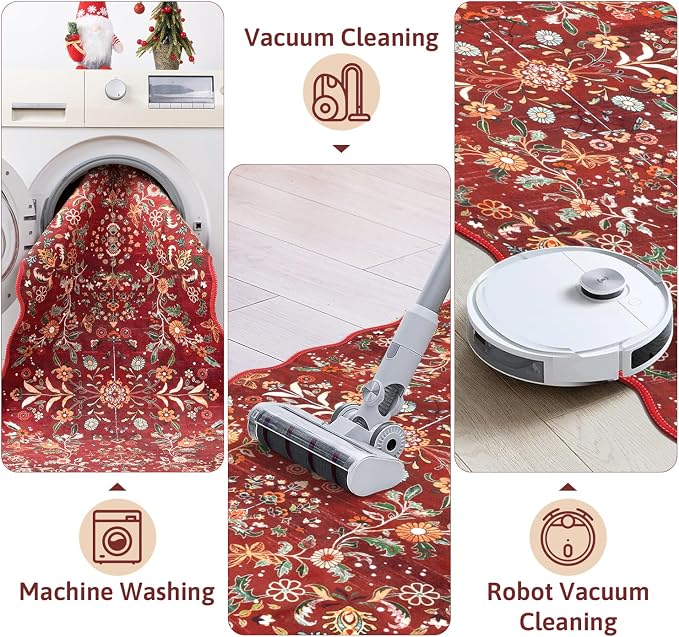 Yamaziot Christmas Runner Rug 2x8 – Red Floral Washable Non-Slip Carpet Runner - Image 4