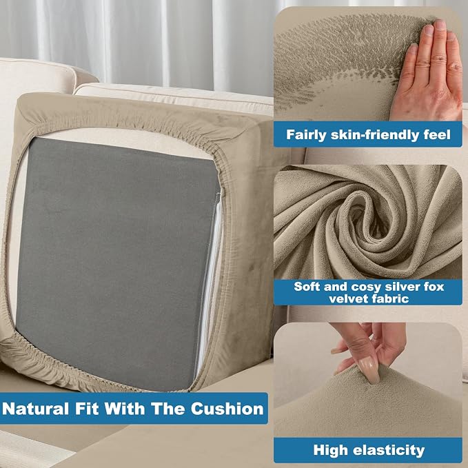 Couch Cover 6-Piece Elastic Velvet Couch Cushion Covers & Chaise Slipcovers - Image 4