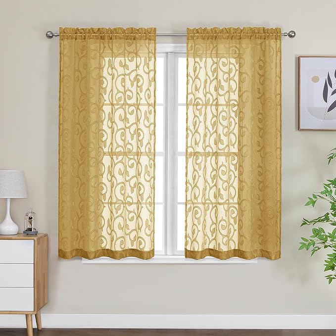 OWENIE Furman Gold Sheer Curtains 45 Inch Length 2 Panels Set - Image 2