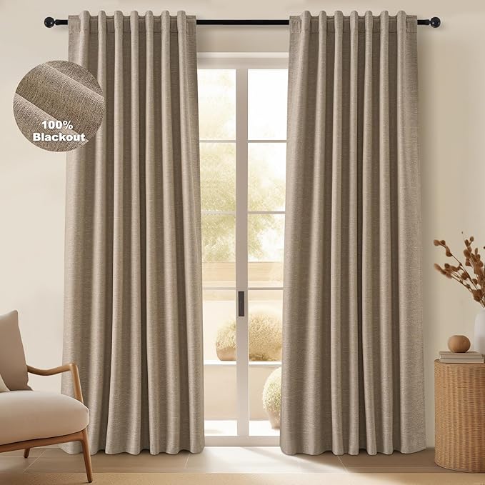 Topfinel Greige 90 Inches Long Blackout Natural Linen Curtains by Topfinel