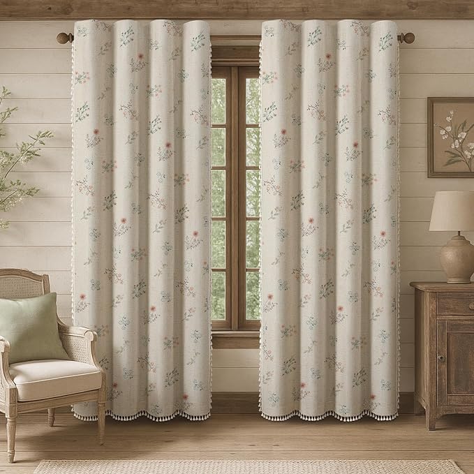 Boho Floral 100% Blackout Curtains 90 Inch Length 2 Panels Set, Linen Texture by Unknown