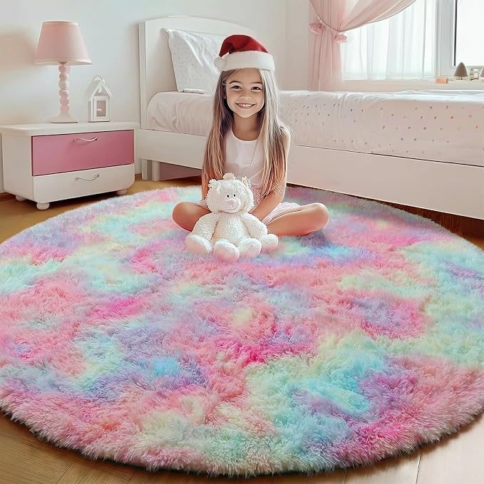 ONASAR Rainbow Round Area Rug 4ft, Soft Bedroom Circle Rugs Mats by ONASAR