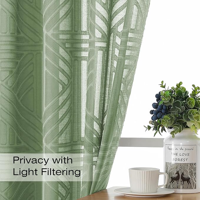Simplebrand Sage Green Semi Sheer Curtains 54 Inch Length 2 Panels, Geometric - Image 2