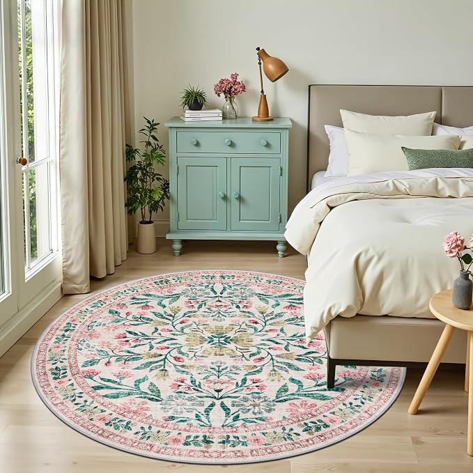 Round Area Rug for Living Room: 6 ft Floral Washable Circle Rug Soft Boho - Image 3