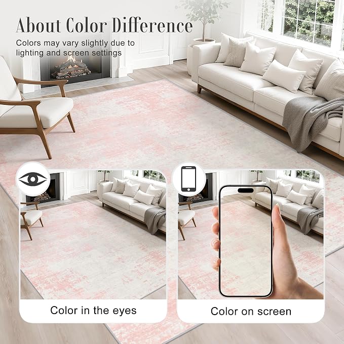 2.6x8 Washable Runner Rug：Modern Abstract Soft Carpet Pink White | - Image 4