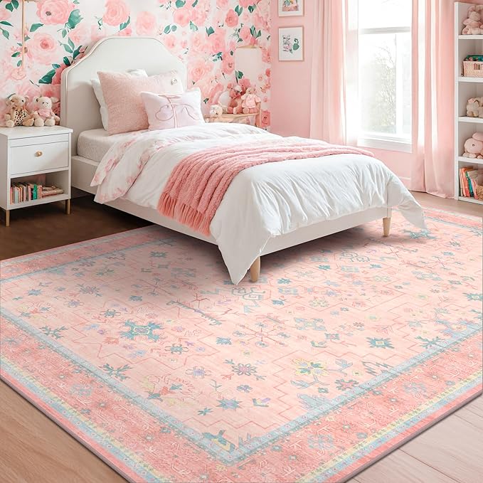 Washable Pink and Blue 8x10 Oushak Rugs - Image 6