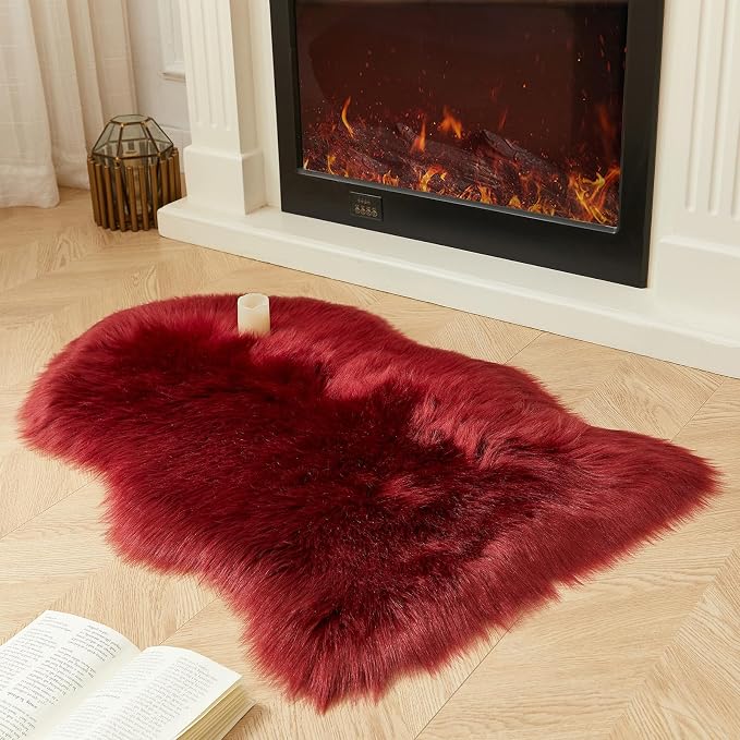 AMTOVO Faux Fur Rug, Burgundy Small Area Rug, Fluffy Sheepskin Rug, Fuzzy Ultra - Image 6