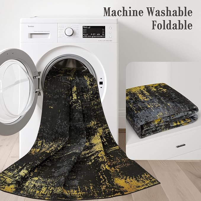 2x6 Washable Runner Rug：Modern Abstract Soft Carpet Black Gold | - Image 6