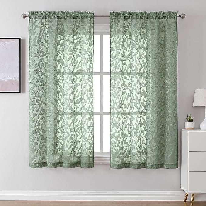 Lecloud Leia Sage Green Sheer Curtains 63 Inch Length 2 Panels, Rustic Light by Lecloud