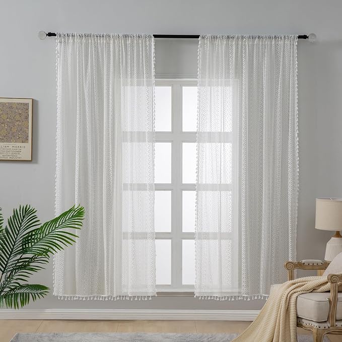 WAZZIO Boho Lace Curtains 72 Inches 2 Panel, Light Filtering Privacy Tassel & - Image 2