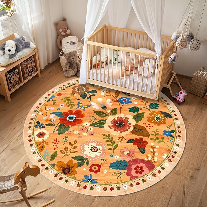 RELEANY Floral Washable Round 8ft Area Rug Yellow/Orange/Red | Flower Carpet - Image 8