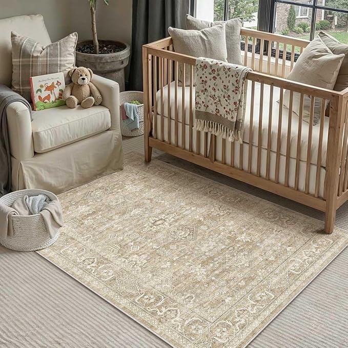 3x5 Washable Area Rug for Entryway Vintage Beige Non Slip Low Pile Carpet - Image 3