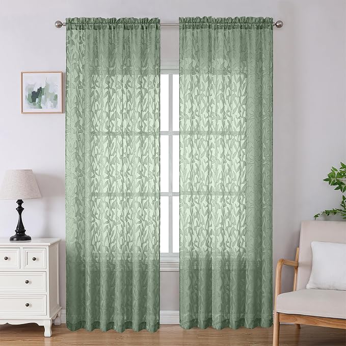 Lecloud Leia Sage Green Sheer Curtains 96 Inches Long 2 Panels, Airy Voile by Lecloud