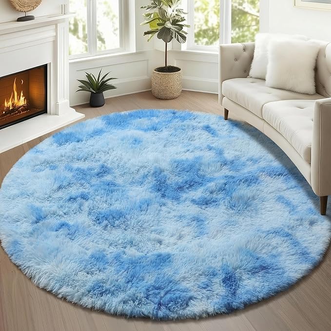 ONASAR Tie-Dye Blue Round Area Rug 4ft, Soft Bedroom Circle Rugs Floor Mats - Image 3