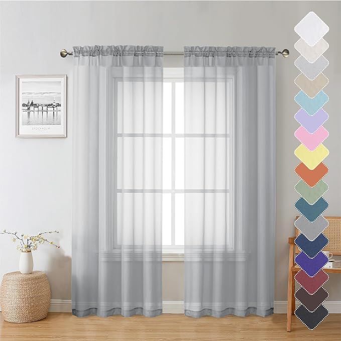 Lecloud Living Room Light Grey Sheer Curtains 72 Inch Long 2 Panels, by Lecloud