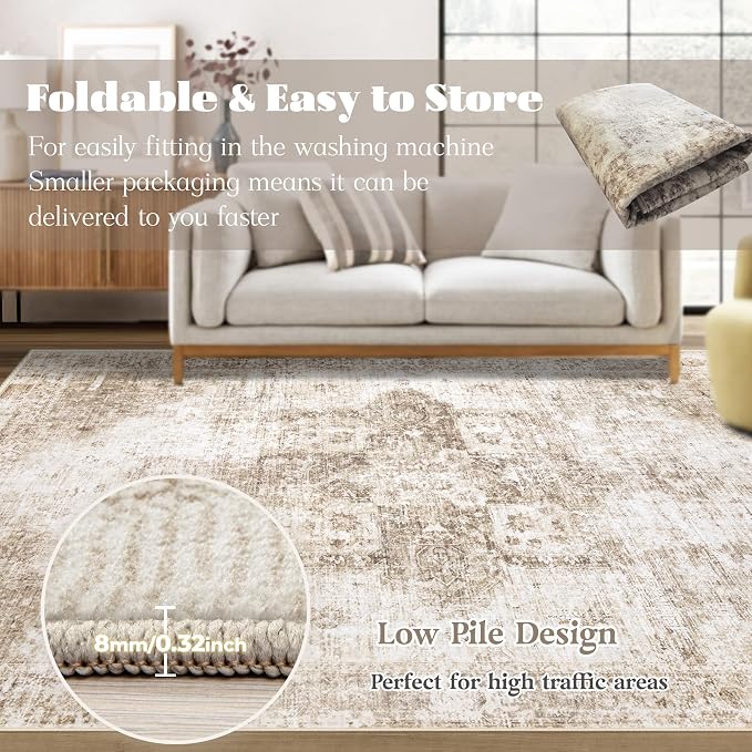 Area Rug 9x12 Washable Rug, Vintage Boho Medallion Rugs Non-Slip Soft Low Pile - Image 7