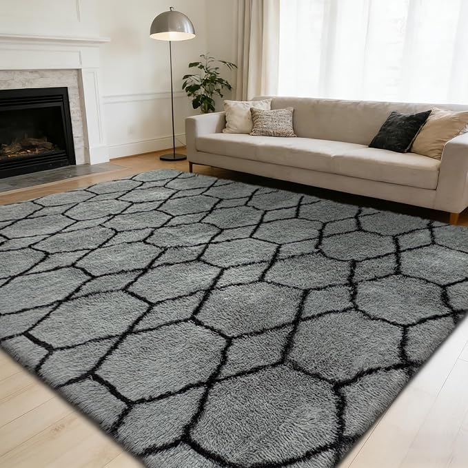 Shag Area Rug for Bedroom 4x6, Fluffy Area Rugs for Living Room, Geometric Soft by yulidayang