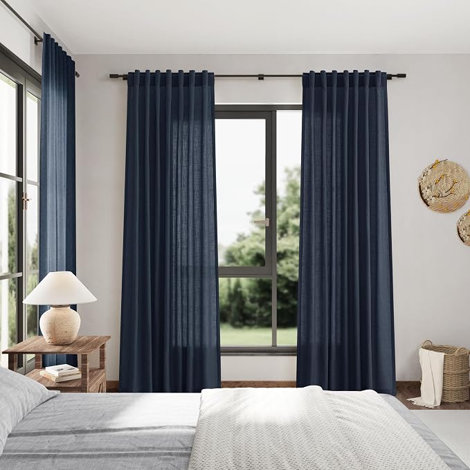 Nanspring Vintage Blue Linen Curtains 102 Inches Long Rod Pocket Back Tab - Image 7