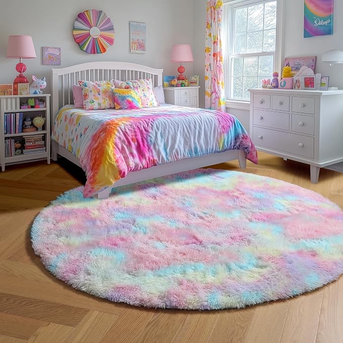 Amdrebio Rainbow Fluffy Round Rug 5Ft Kids Rugs - Image 2