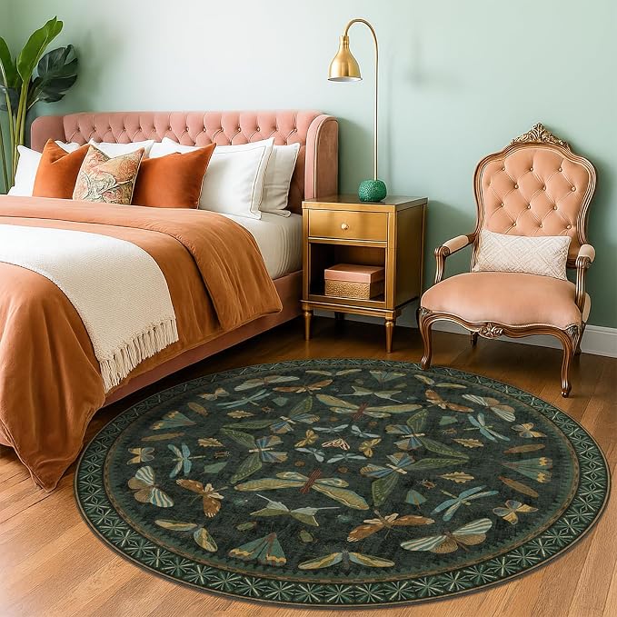Dark Green Insect 6ft Round Washable Area Rug - Image 6