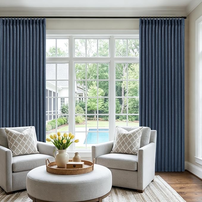 Navy Blue 84 Inch Pinch Pleated Blackout Textured Linen Curtains 2 Panels | - Image 8