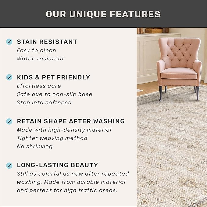 Washable Cream Rug 4x6 for Office, Non Slip Rugs for Kitchen, Low Pile Neutral - Image 6