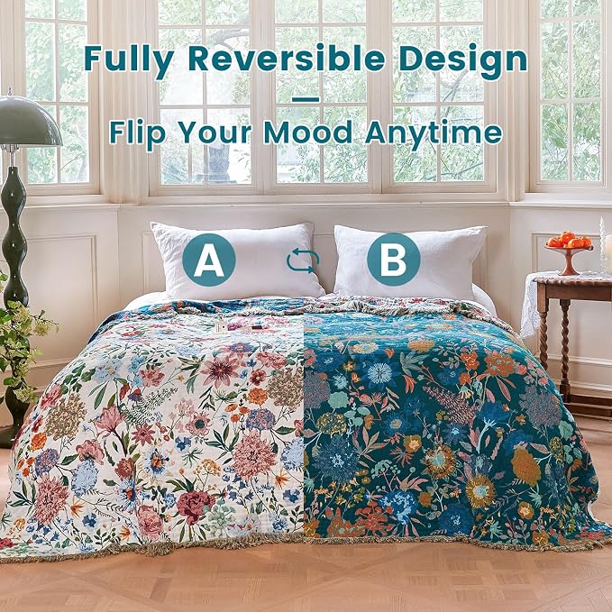 MSGKV Boho Throw Blanket 60"x80" Bed Floral 100% Cotton Blanket Spring - Image 4