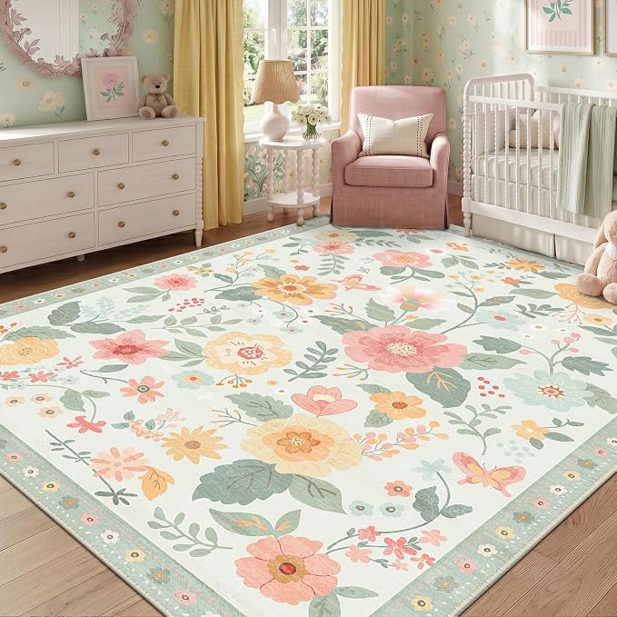 RELEANY Floral Washable 5x7 Area Rugs Beige/Green | Flower Carpet Print Boho - Image 8
