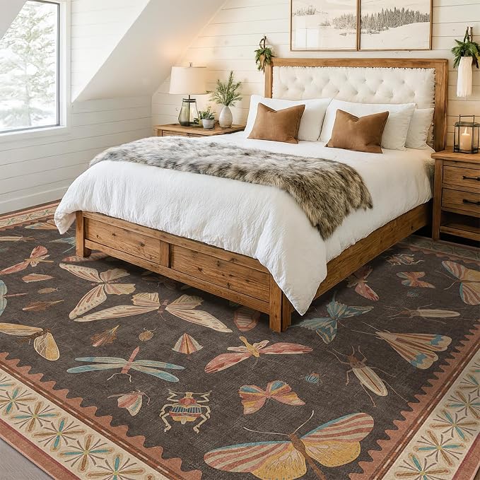 Brown Large 8x10 Living Room Area Rug, Unique Washable Insect Rugs - Image 6