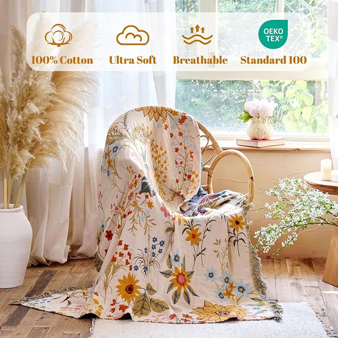 MSGKV Boho Throw Blanket for Couch Chair 100% Cotton Floral Blanket 50"x60" - Image 2