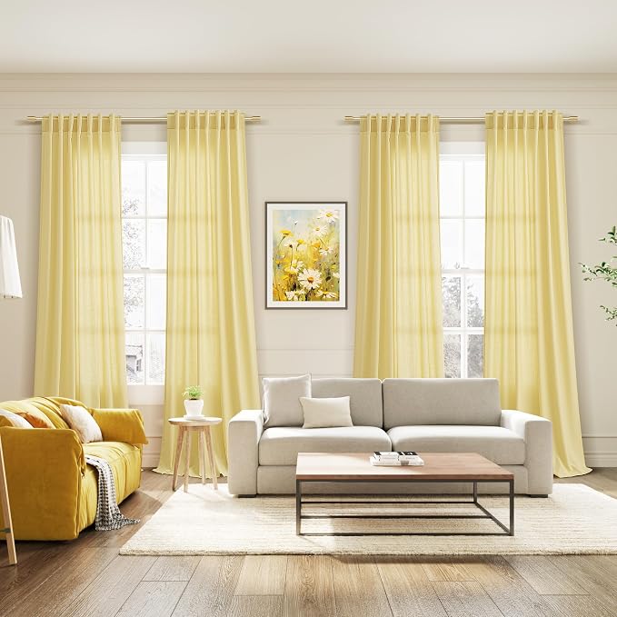 Yellow Linen Textured 96 Inch Curtains 2 Panel Set Back Tab Rod Pocket Sheer - Image 7
