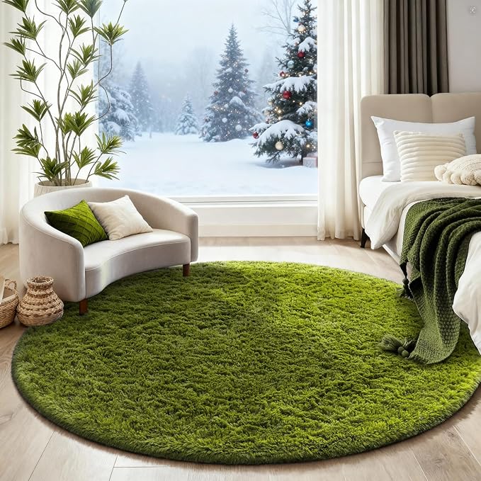 Ophanie Round Rug 6Ft Green Circle Area Rug, Fluffy Fuzzy Bedroom Carpet - Image 5