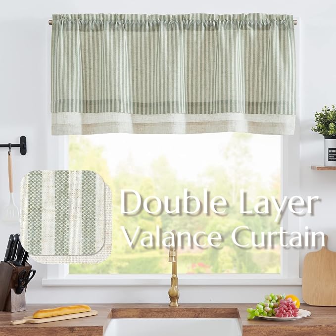 jinchan Linen Valance Curtain Striped Small Window Curtain Double Layer Light - Image 2