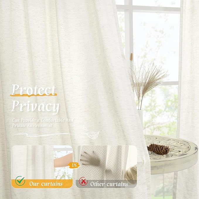 LAMIT Cream Linen Curtains 54 Inch Length 2 Panels, Light Filtering Faux Linen - Image 5
