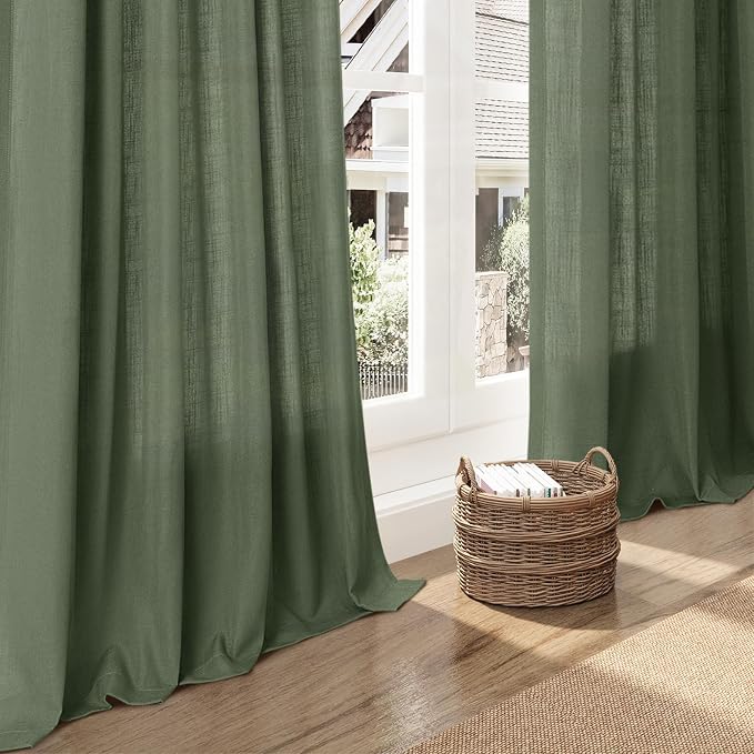 Nanspring Olive Green Linen Sheer Curtains - Image 8