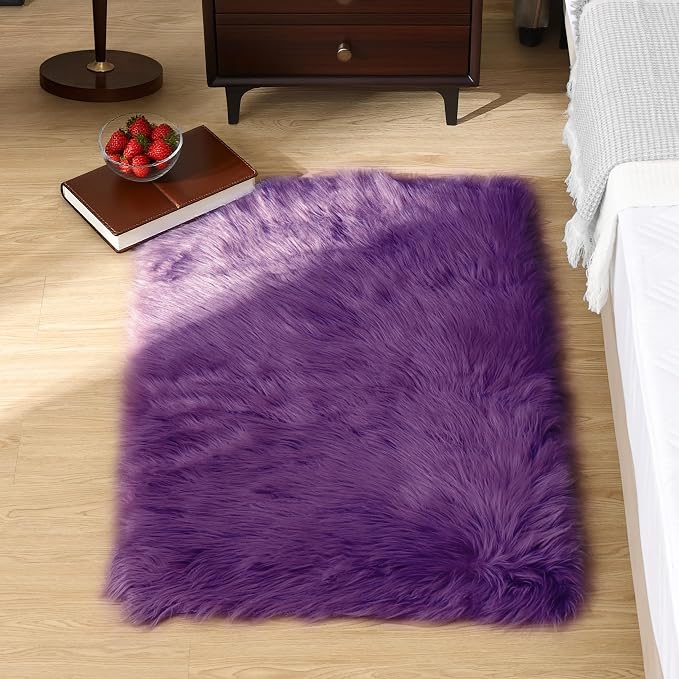 Goolela Purple Fluffy Faux Sheepskin Fur Rug Purple Fuzzy Furry Bedside Rug 2x3 - Image 2