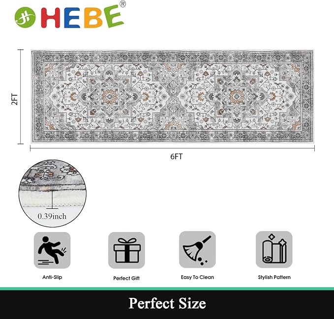 HEBE Hallway Runner Rug 2'x6' Washable Vintage Distressed Area Rugs Non Slip - Image 2