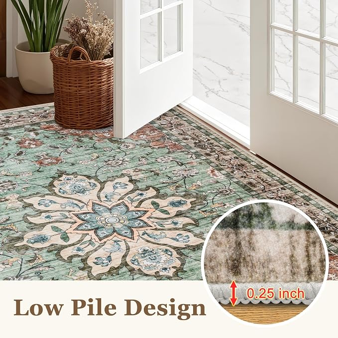 Round Area Rug for Living Room: 6ft Boho Washable Rug Brown Green | Vintage - Image 8