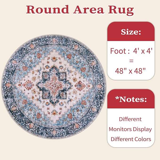 SERISSA Boho Round Area Rug, 4ft Washable Non-Slip Circle Rug, Ultra Soft - Image 6