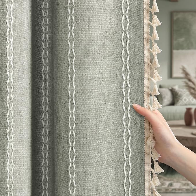 Boho Blackout Curtains 72 Inches Long Sage Green Linen Blend 2 Panels - Image 6