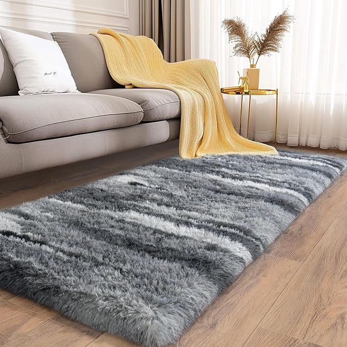 Soft Runner Rugs for Bedroom Hallways, 2x5 Abstract Grey Fluffy Shag Throw Area - Image 2