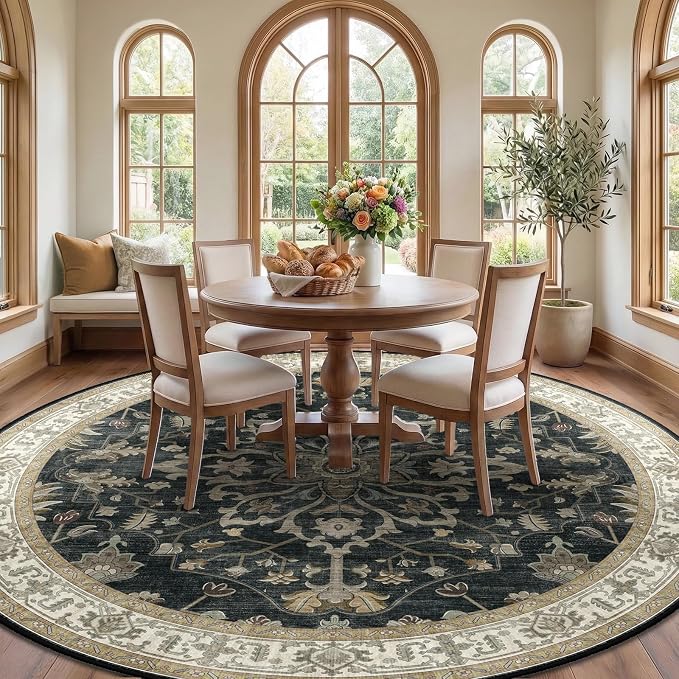 Area Rugs Round 8ft Washable Non-Slip, Floral Vintage Distress Print Pattern - Image 2